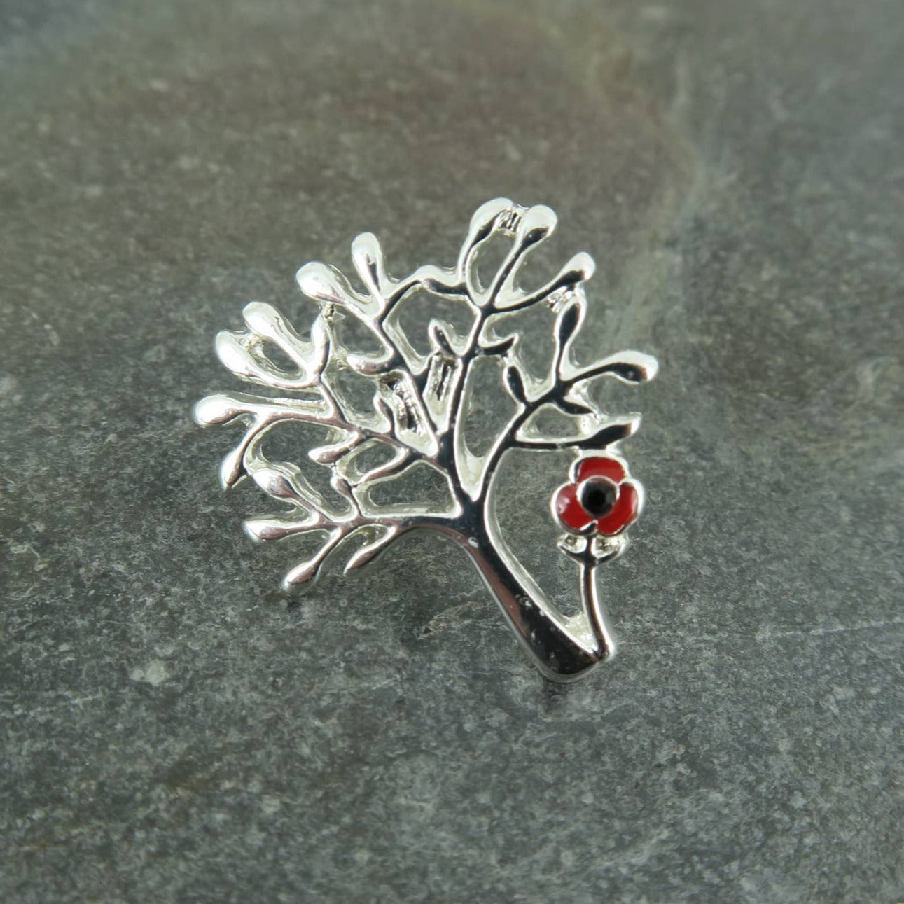 Tree of Life with Red Poppy Flower Pin Lapel Brooch