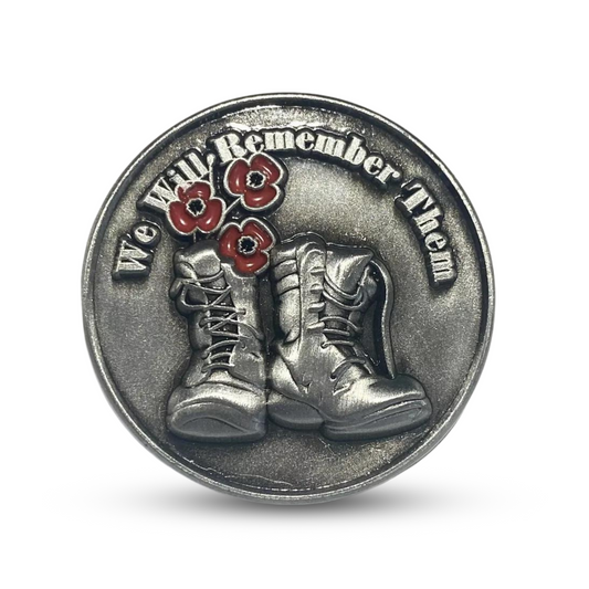 "We Will Remember Them" Red Flower Soldier Boots Pin Badge
