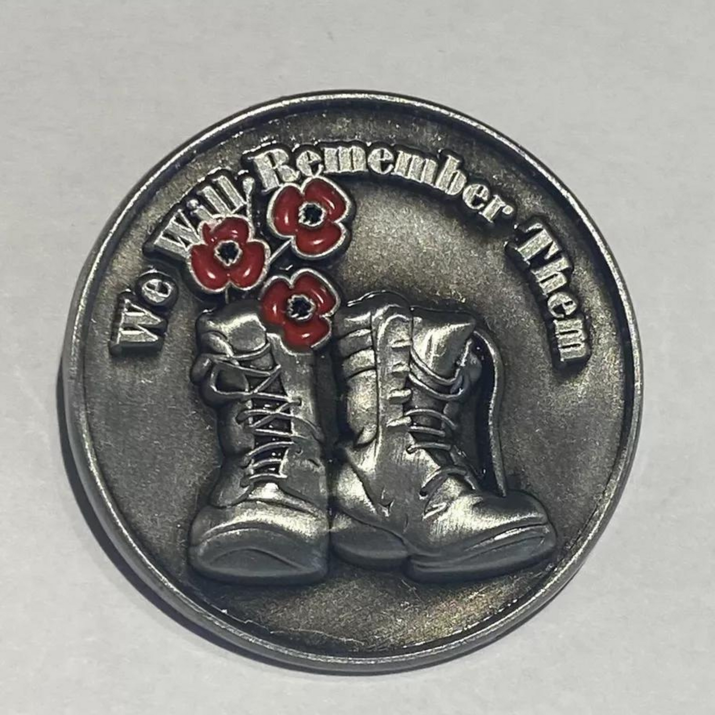"We Will Remember Them" Red Flower Soldier Boots Pin Badge
