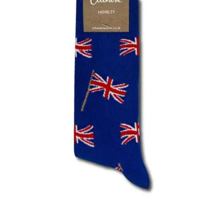 Blue sock with Union Jack design on a white background