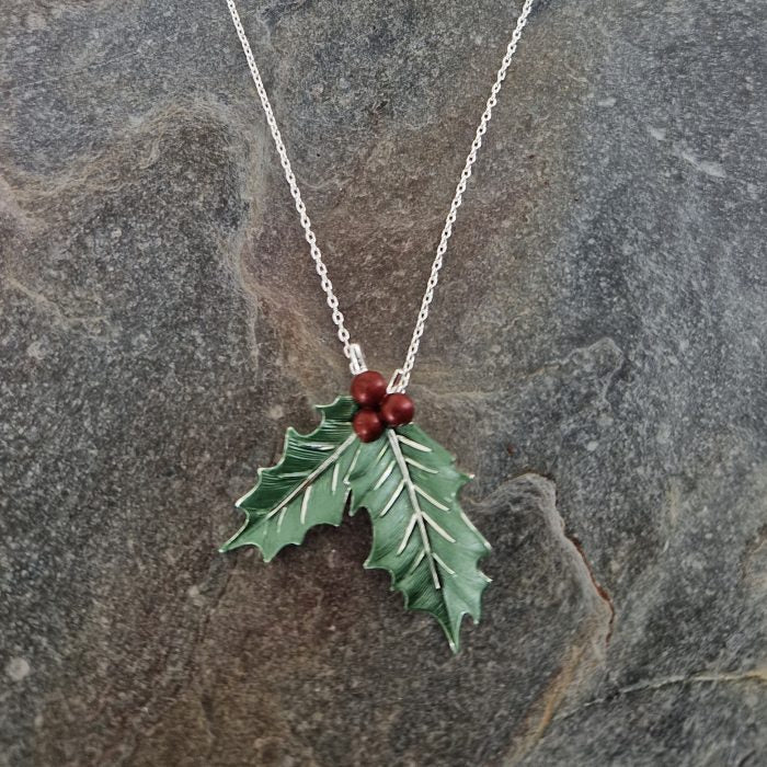 Holly With Berries Christmas Necklace