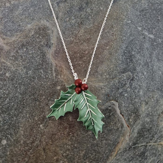 Holly With Berries Christmas Necklace