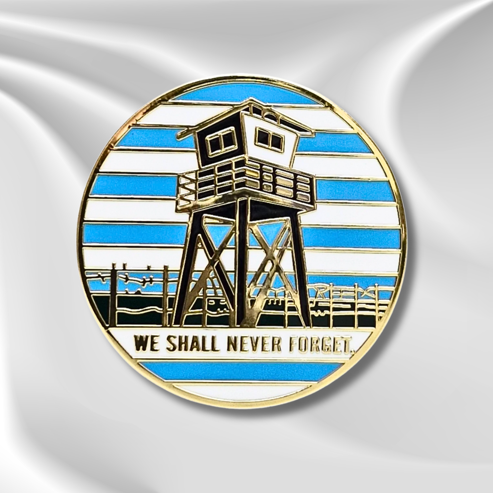 Never Shall We Forget Auschwitz-Birkenau Pin Badge