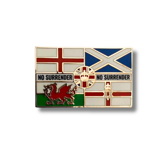 United Kingdom No Surrender Five-Flag Pin - Union, England, Scotland, Wales & Northern Ireland