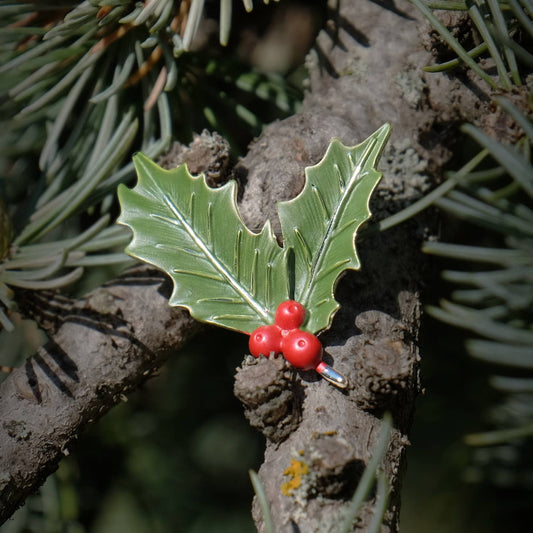 Holly With Berries Christmas Brooch