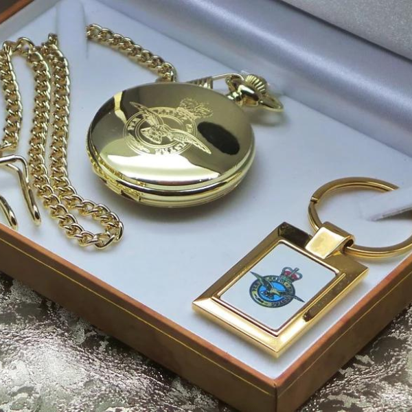 RAF 24k Gold-Plated Personalised Pocket Watch and Keyring Set