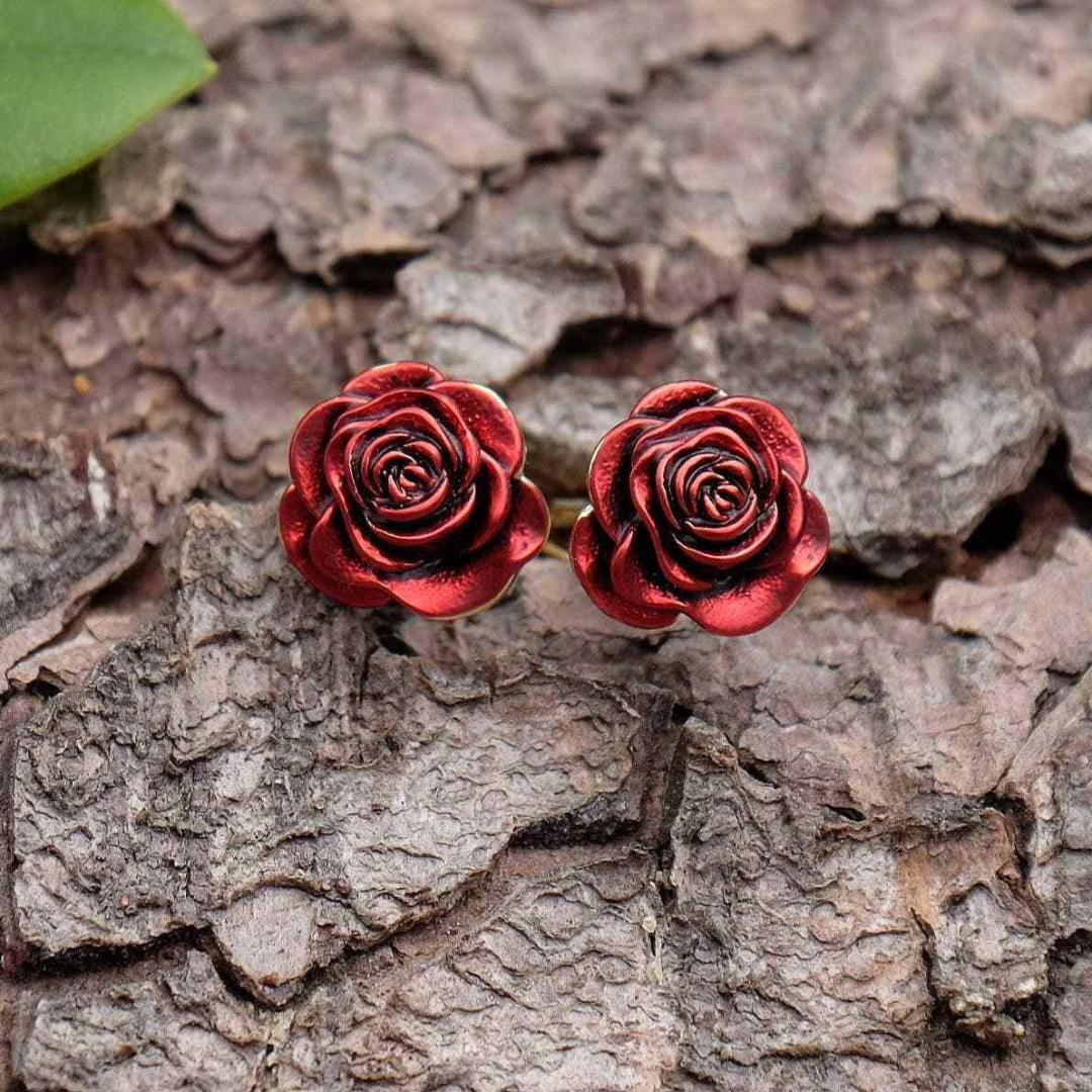 English Red Rose Stud Earrings