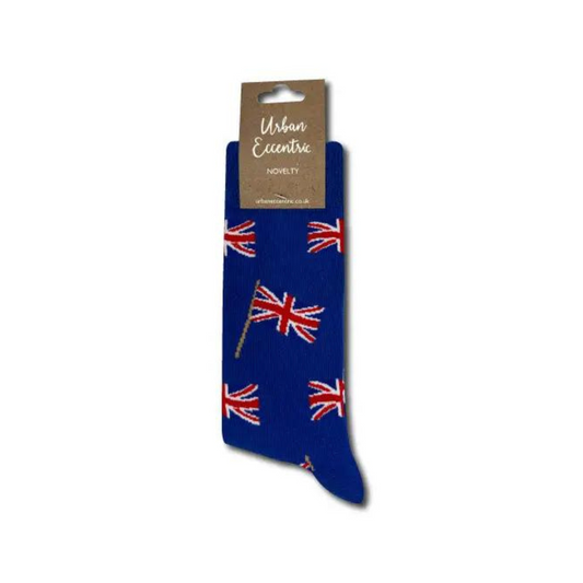 A pair of blue Union Jack waving flag socks, packaged in a cardboard sleeve with the brand name 'Honesty' visible at the top.