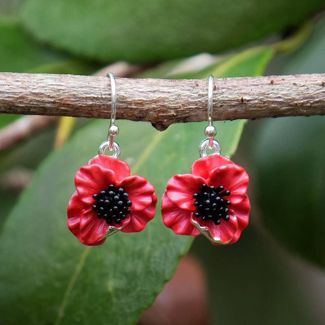 Red Flower Drop Hook Earrings