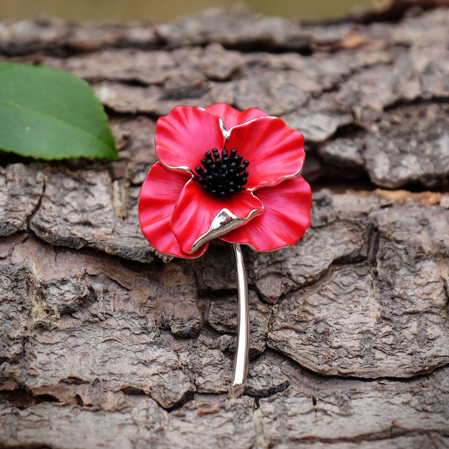 Poppy Red Flower Brooch with stem